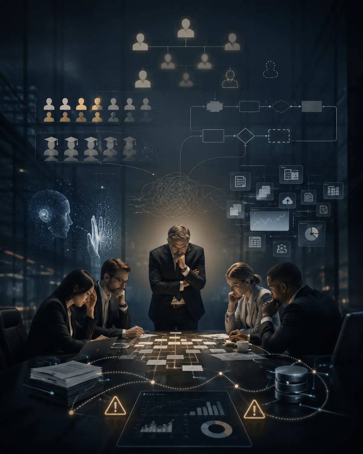 Equipo directivo analizando retos estratégicos de talento y tecnología